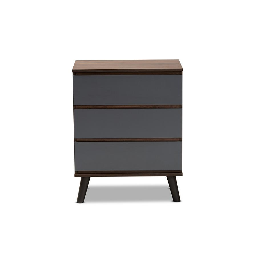 Baxton Studio Roldan Modern and Contemporary Two-Tone Walnut and Grey Finished Wood 3-Drawer Bedroom Chest