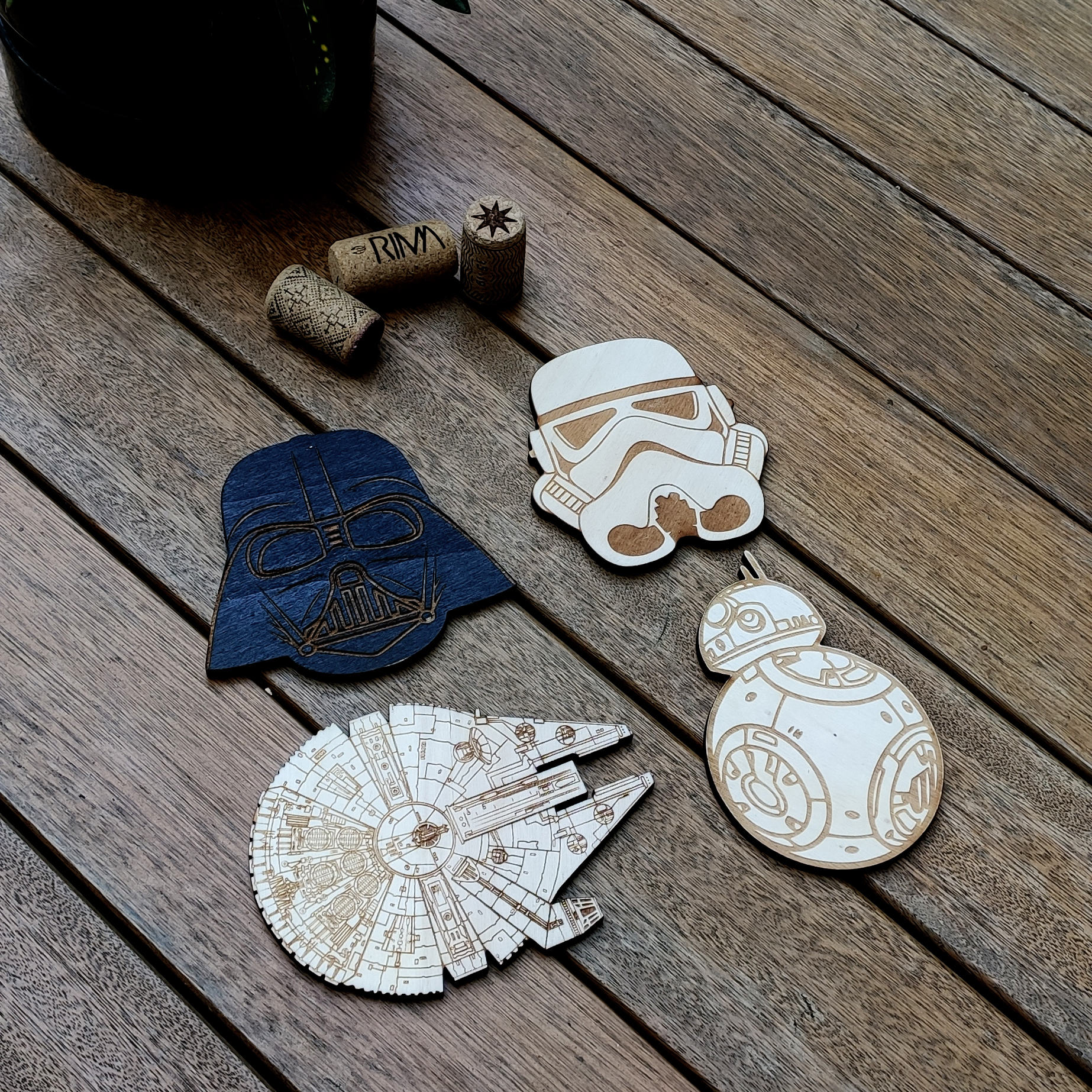 Set of 4 Star Wars Wood Coasters - BB8, Darth Vader, Stormtrooper & Millennium Falcon - Housewarming Gift