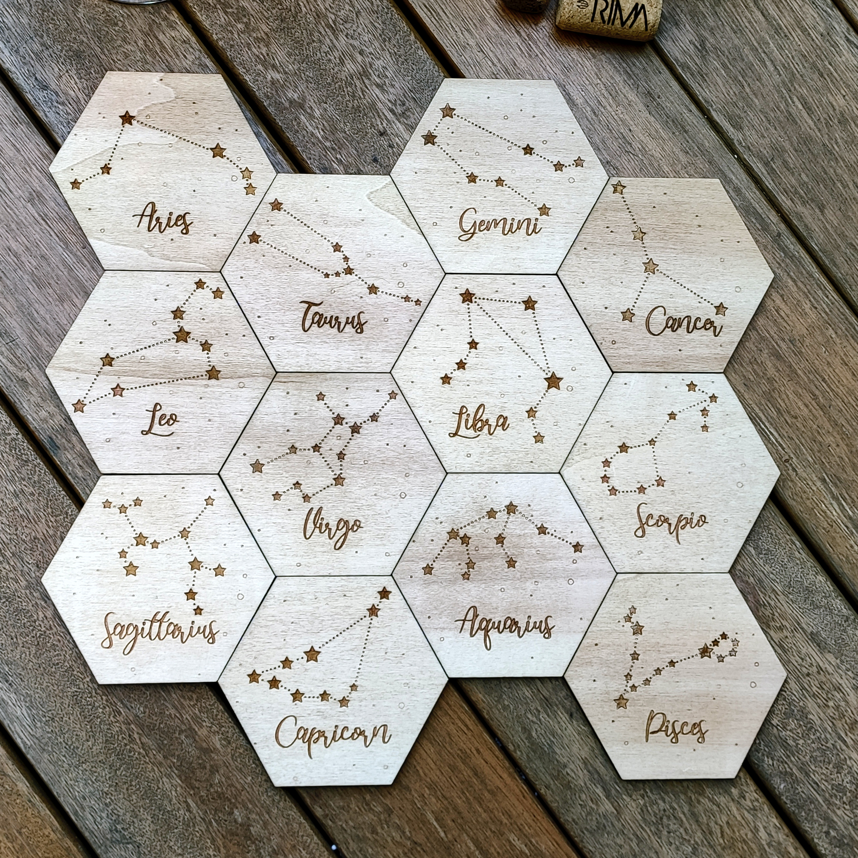 Set of 12 Zodiac Wood Coasters - Housewarming Gift - Constellations