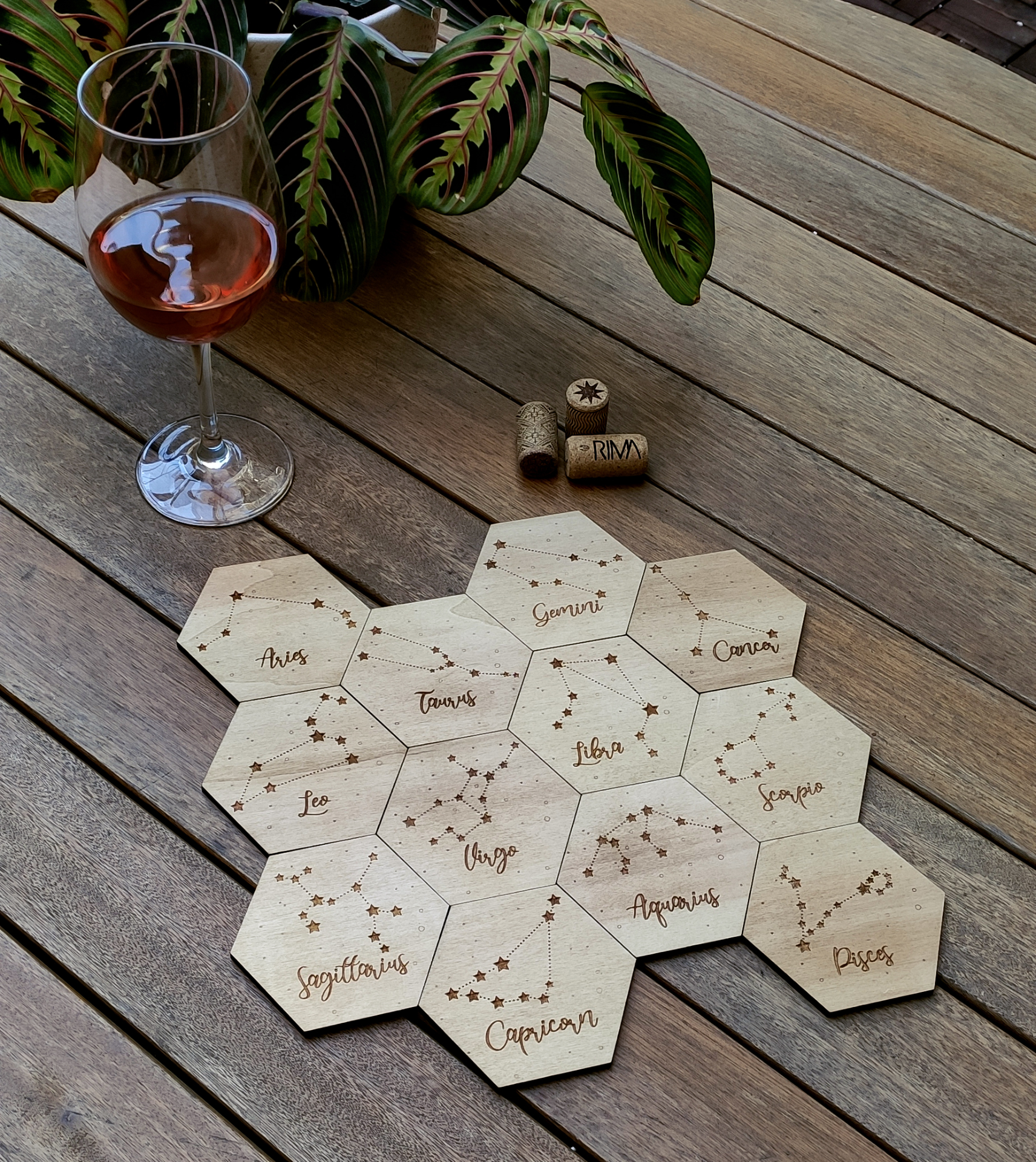 Set of 12 Zodiac Wood Coasters - Housewarming Gift - Constellations