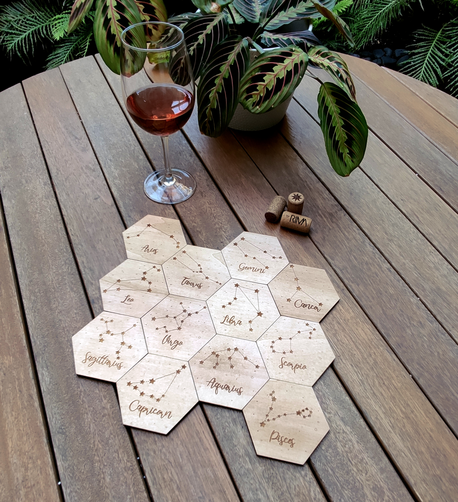 Set of 12 Zodiac Wood Coasters - Housewarming Gift - Constellations
