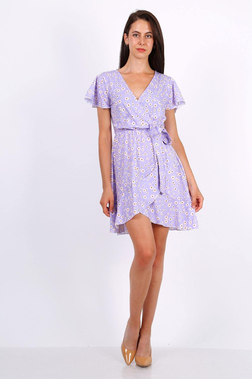 Summer Mini Wrap Dress With Frill Hem In Ditsy Floral Print