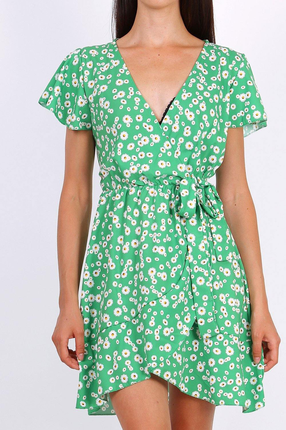 Summer Mini Wrap Dress With Frill Hem In Ditsy Floral Print