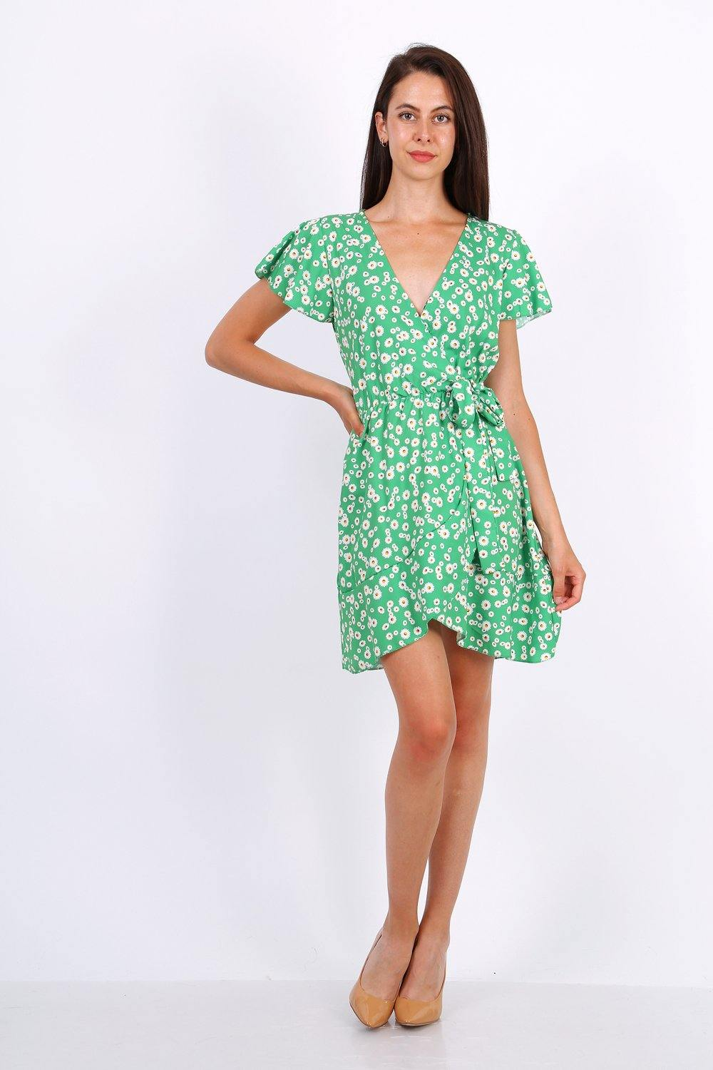 Summer Mini Wrap Dress With Frill Hem In Ditsy Floral Print