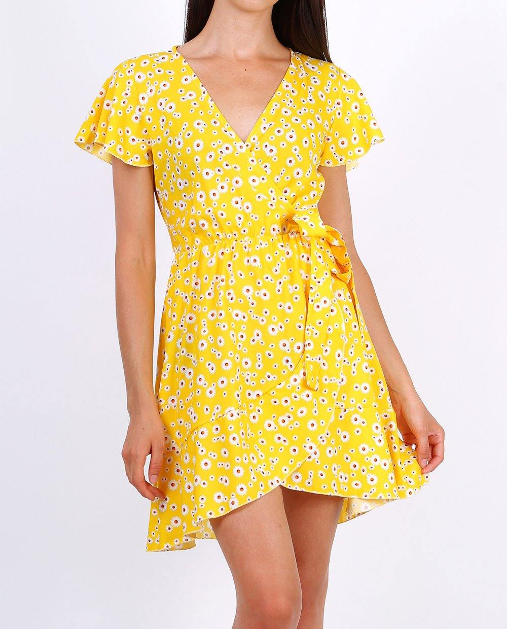 Summer Mini Wrap Dress With Frill Hem In Ditsy Floral Print