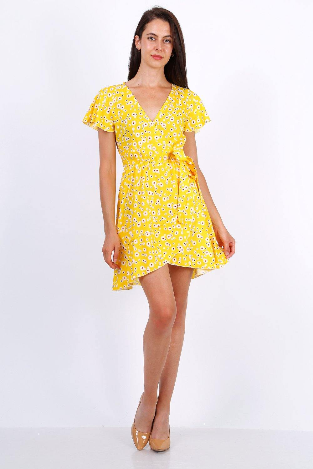 Summer Mini Wrap Dress With Frill Hem In Ditsy Floral Print