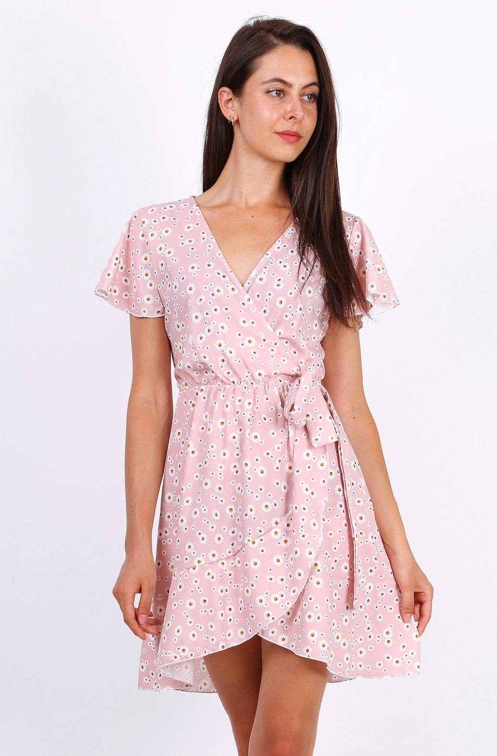 Summer Mini Wrap Dress With Frill Hem In Ditsy Floral Print