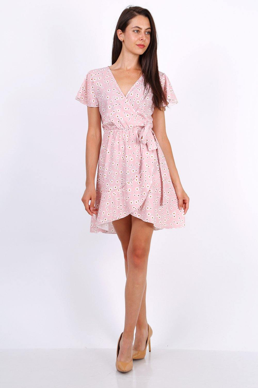 Summer Mini Wrap Dress With Frill Hem In Ditsy Floral Print