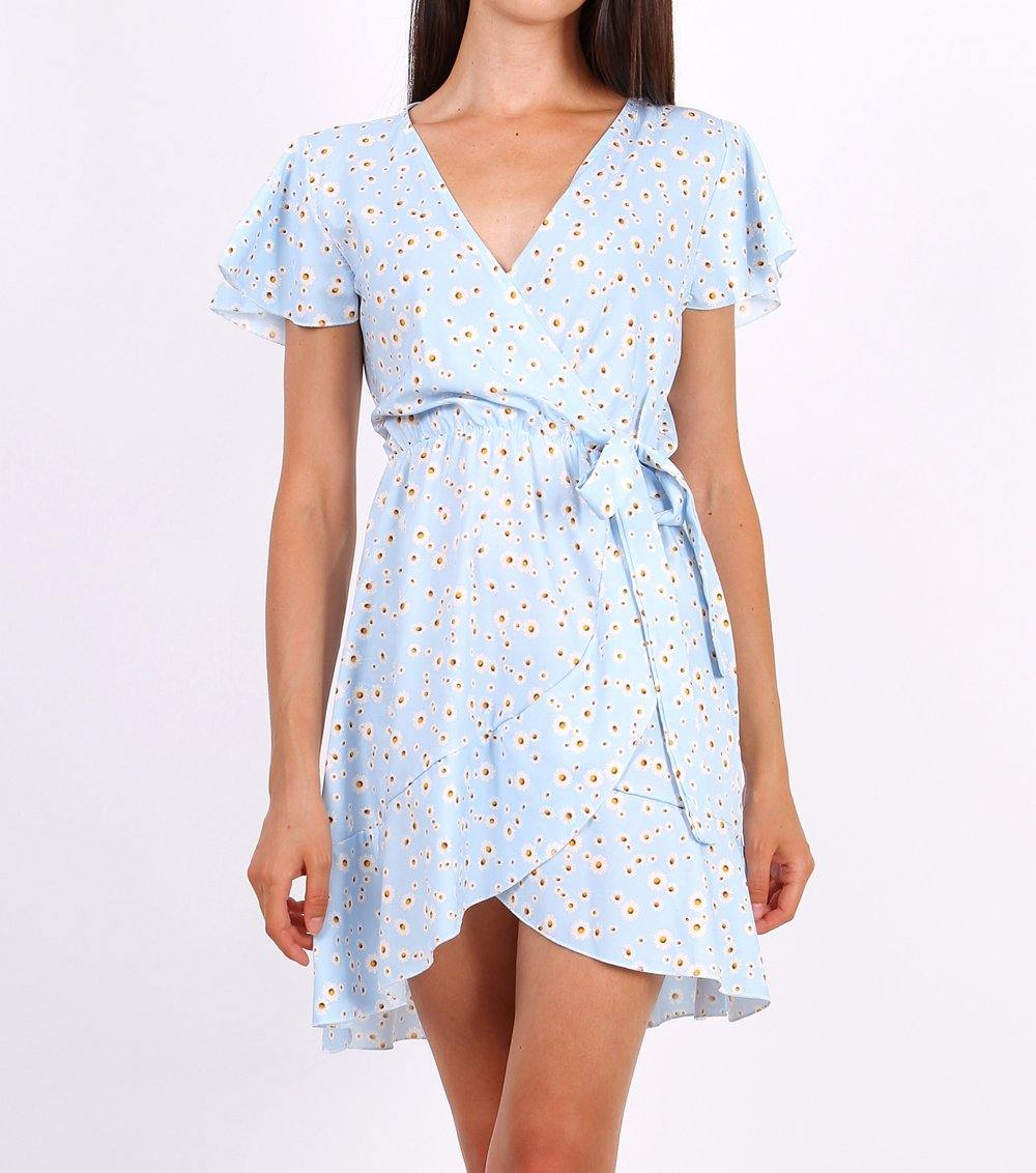 Summer Mini Wrap Dress With Frill Hem In Ditsy Floral Print