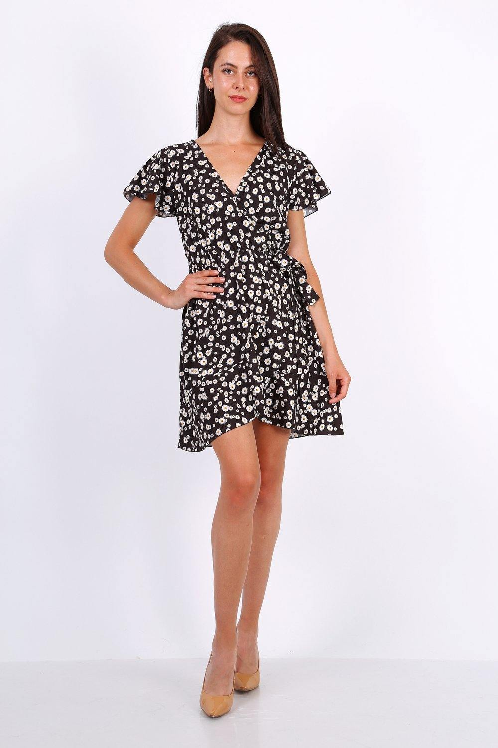 Summer Mini Wrap Dress With Frill Hem In Ditsy Floral Print