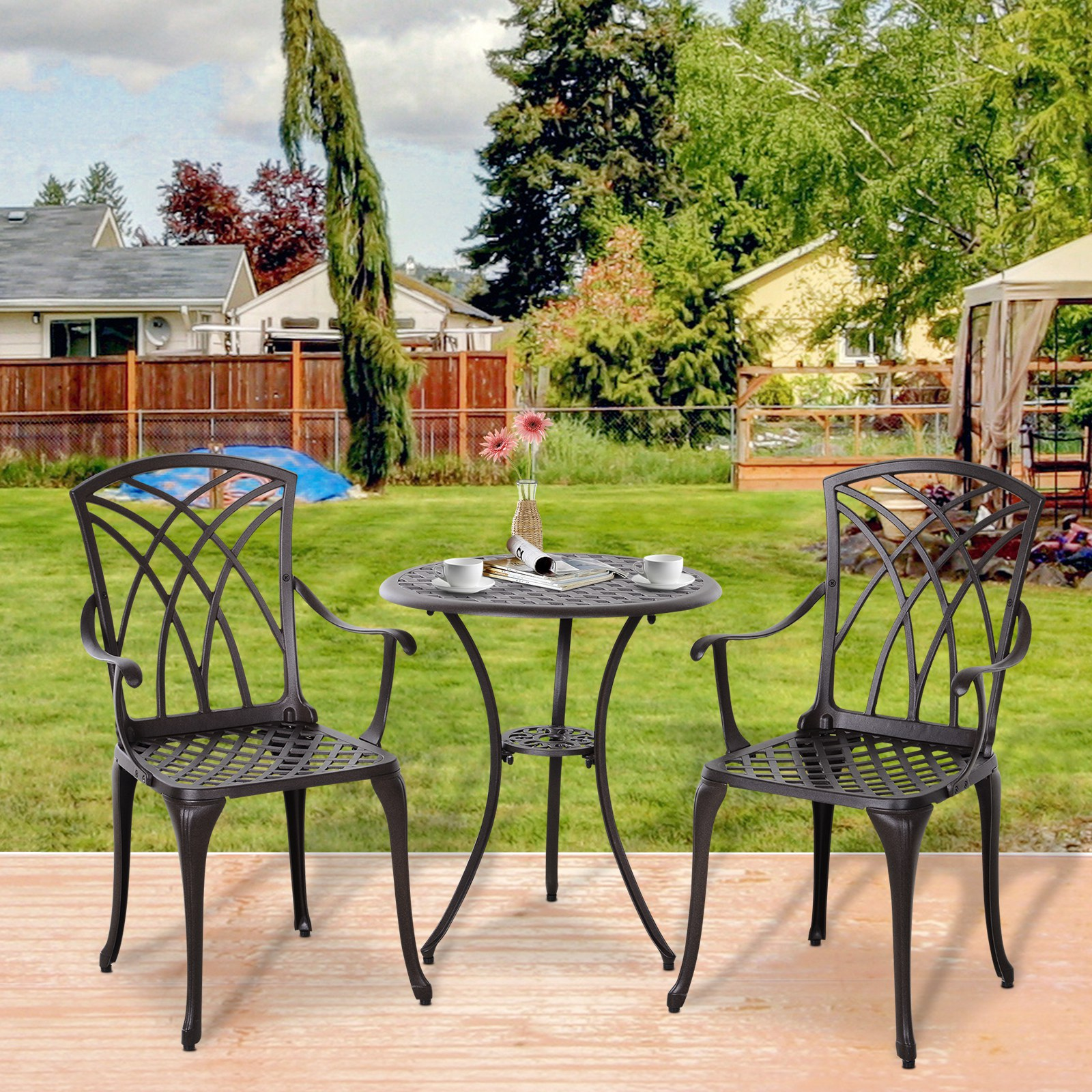 Outsunny Patio Cast Aluminium 3 PCS Bistro Set Coffee Table & 2 Chairs Set Outdoor Garden Furniture Set