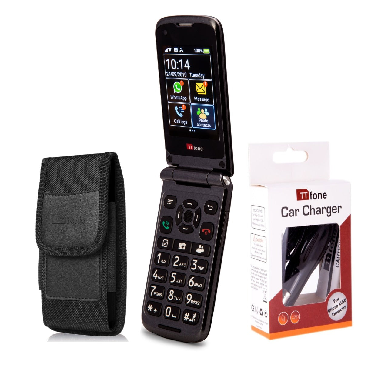 Bundle offer for TTfone Titan TT950 3G Touchscreen WhatsApp Flip Senior Mobile with Nylon Holster Case (TTCB9) and Car Charger (TTCC), Unlocked SIM