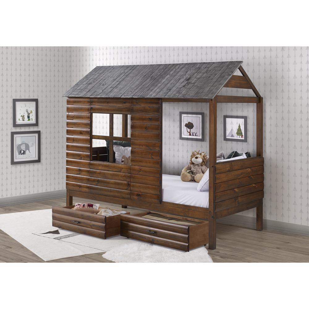 Twin Log Cabin Low Loft In Rustic Walnut/Rustic Silver Finish W/Dual Underbed Drawers