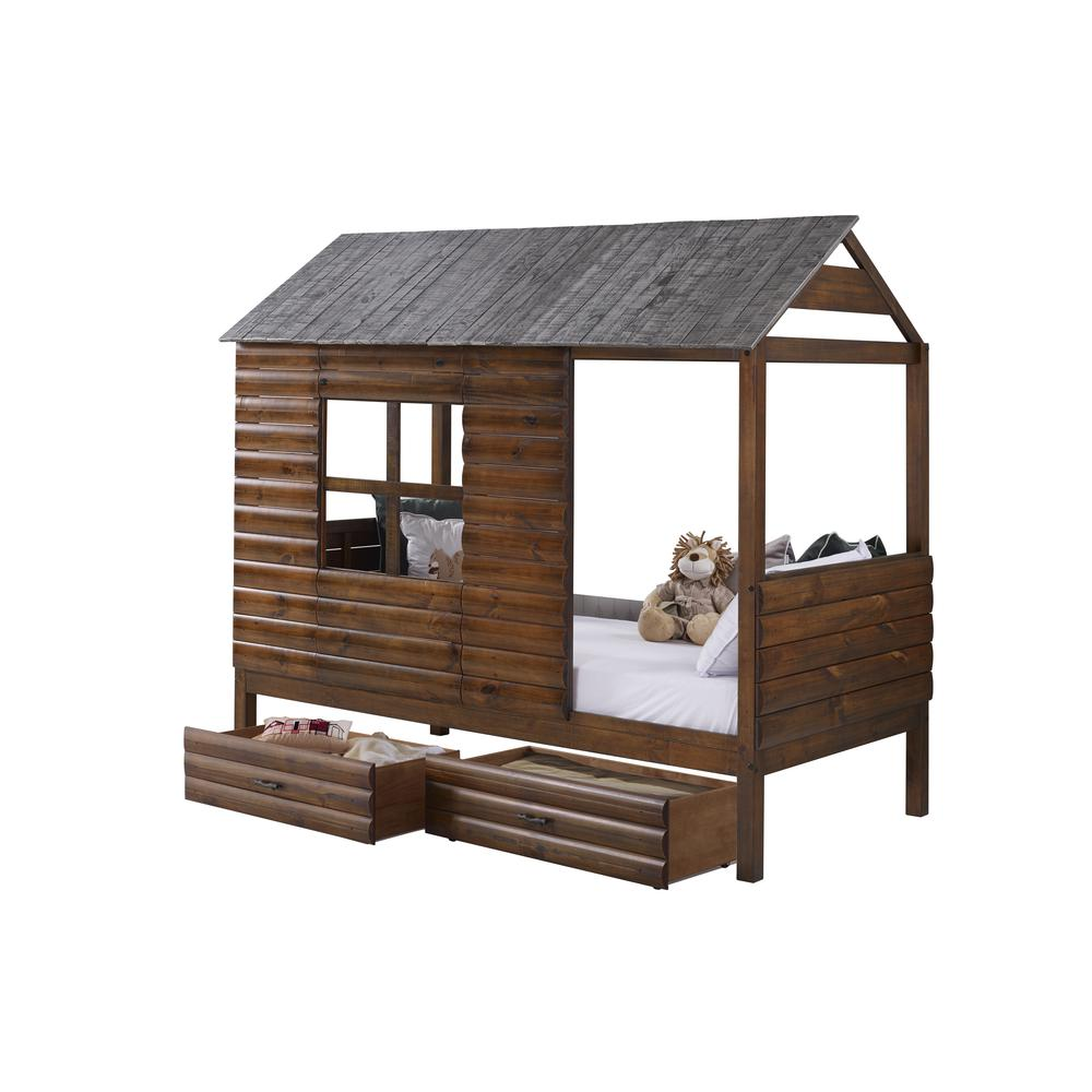 Twin Log Cabin Low Loft In Rustic Walnut/Rustic Silver Finish W/Dual Underbed Drawers