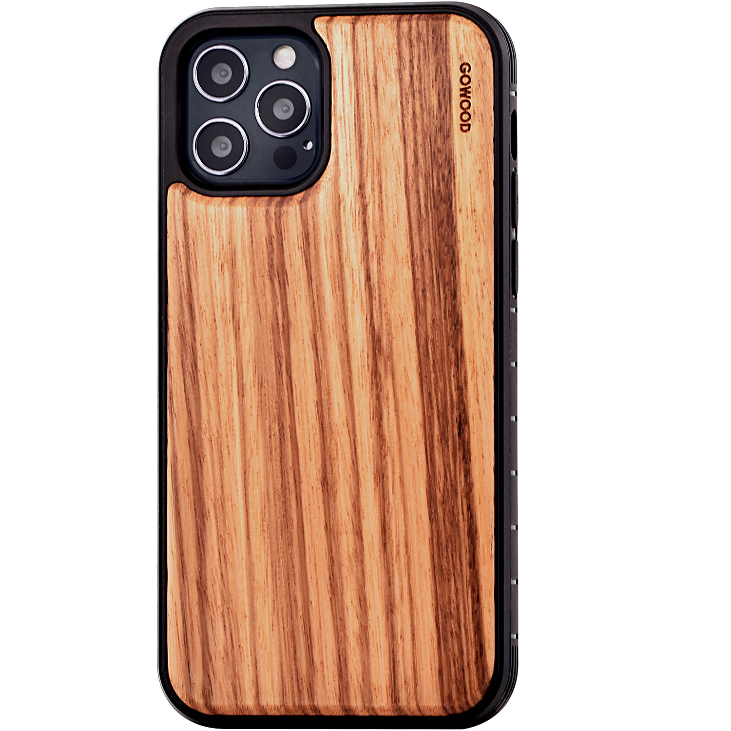 iPhone 12 and iPhone 12 Pro wood case zebra backside with TPU bumper and black PC