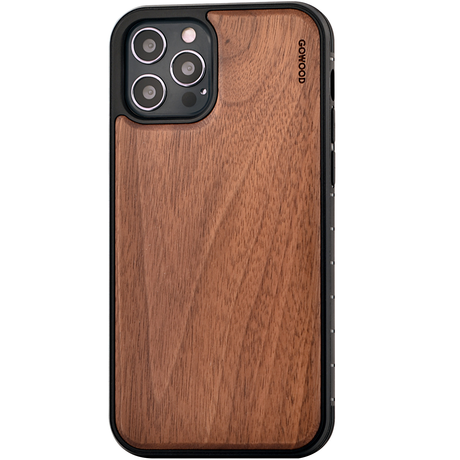 iPhone 12 and iPhone 12 Pro wood case walnut backside with TPU bumper and black PC