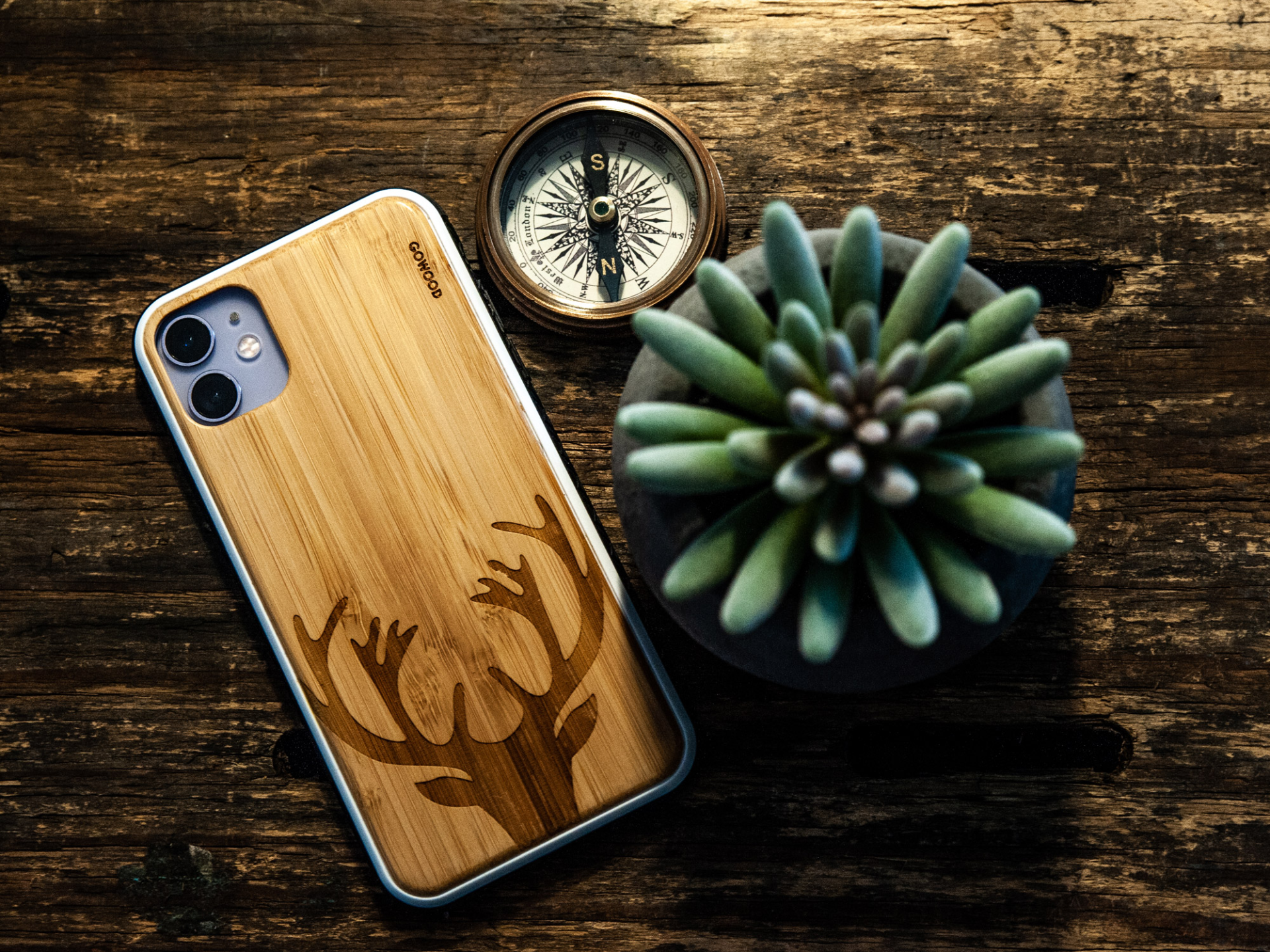 iPhone 11 Pro wood case deer engraved bamboo backside with TPU bumper