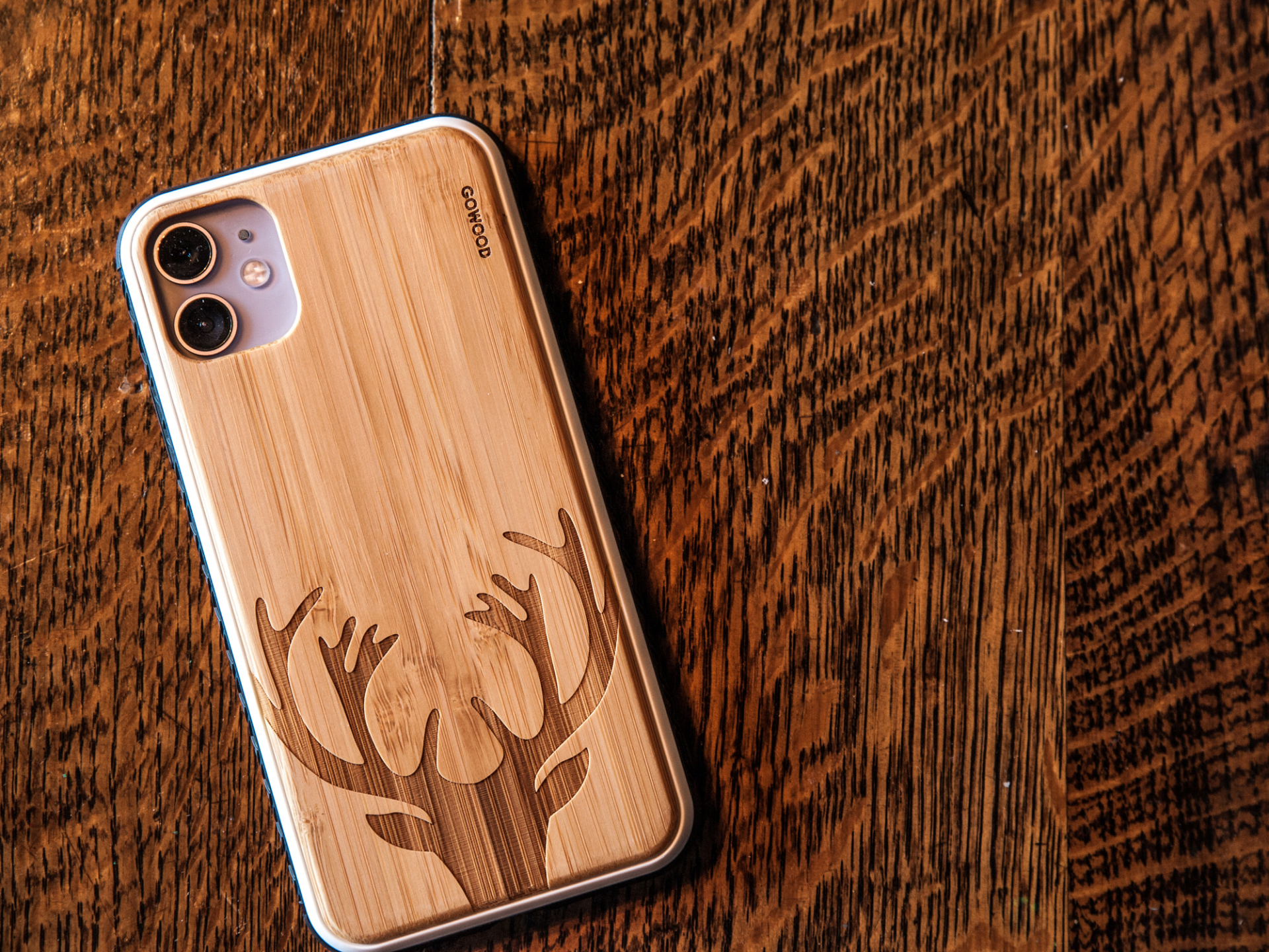 iPhone 11 Pro wood case deer engraved bamboo backside with TPU bumper