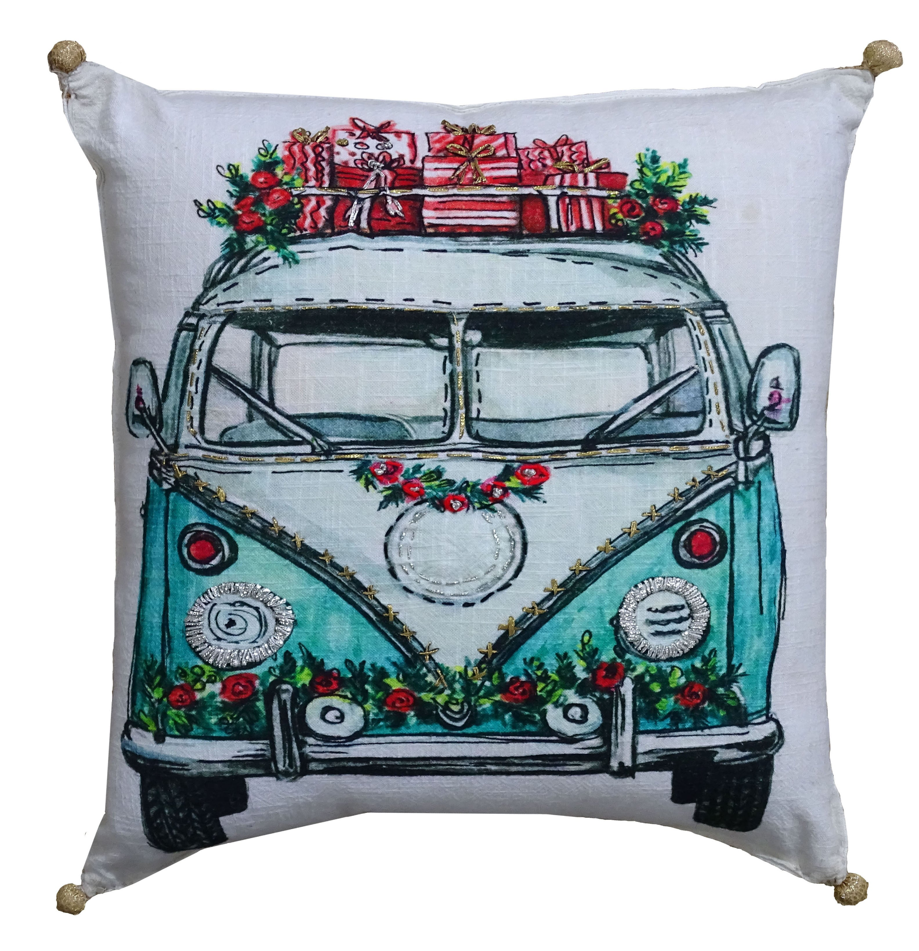 Hand Illustrated  Christmas Holiday Van Pillow (18"x18")