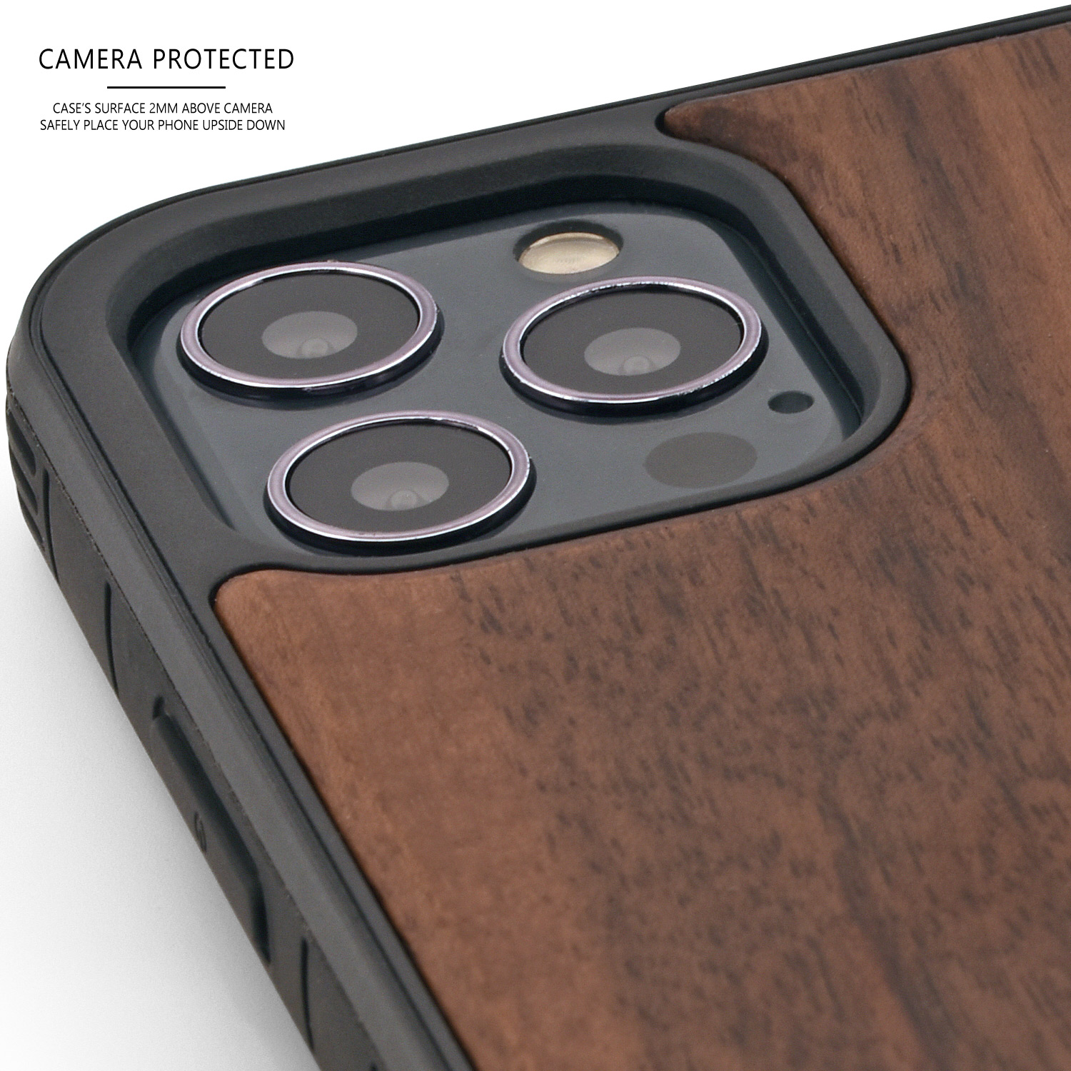 iPhone 12 and iPhone 12 Pro wood case walnut backside with TPU bumper and black PC