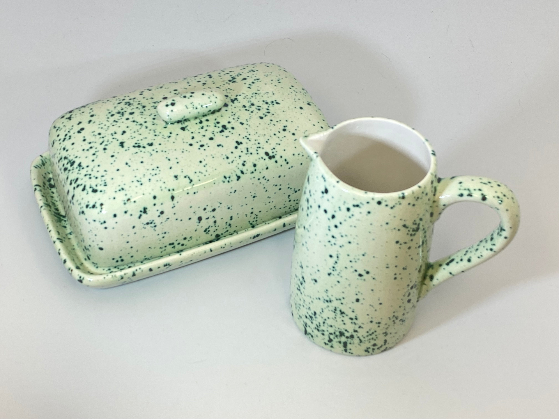 Butter Dish and Milk Jug Set Speckled Green Glaze