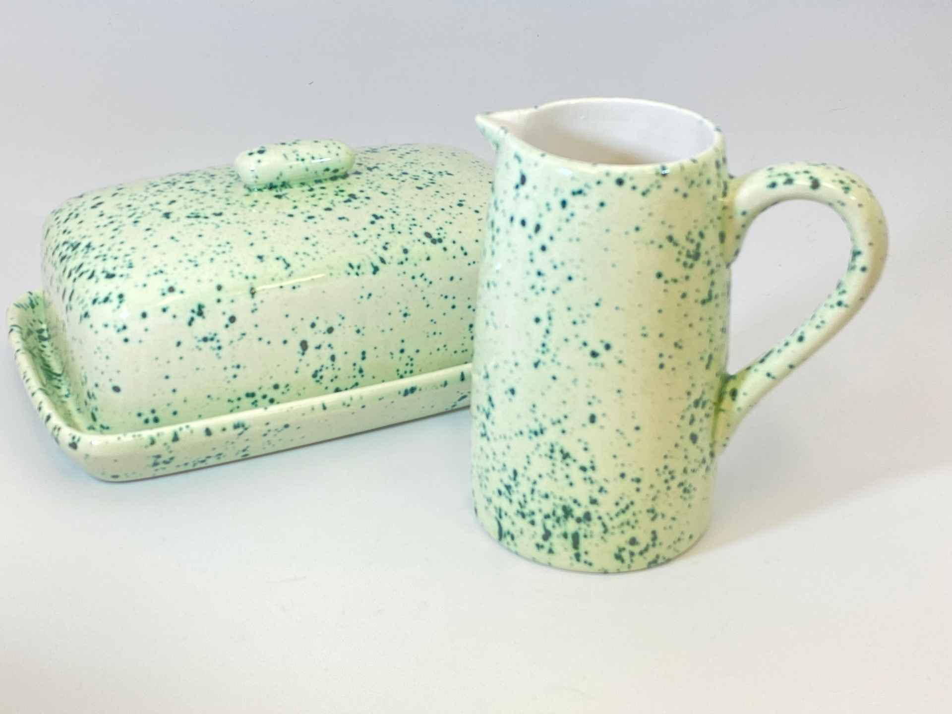 Butter Dish and Milk Jug Set Speckled Green Glaze