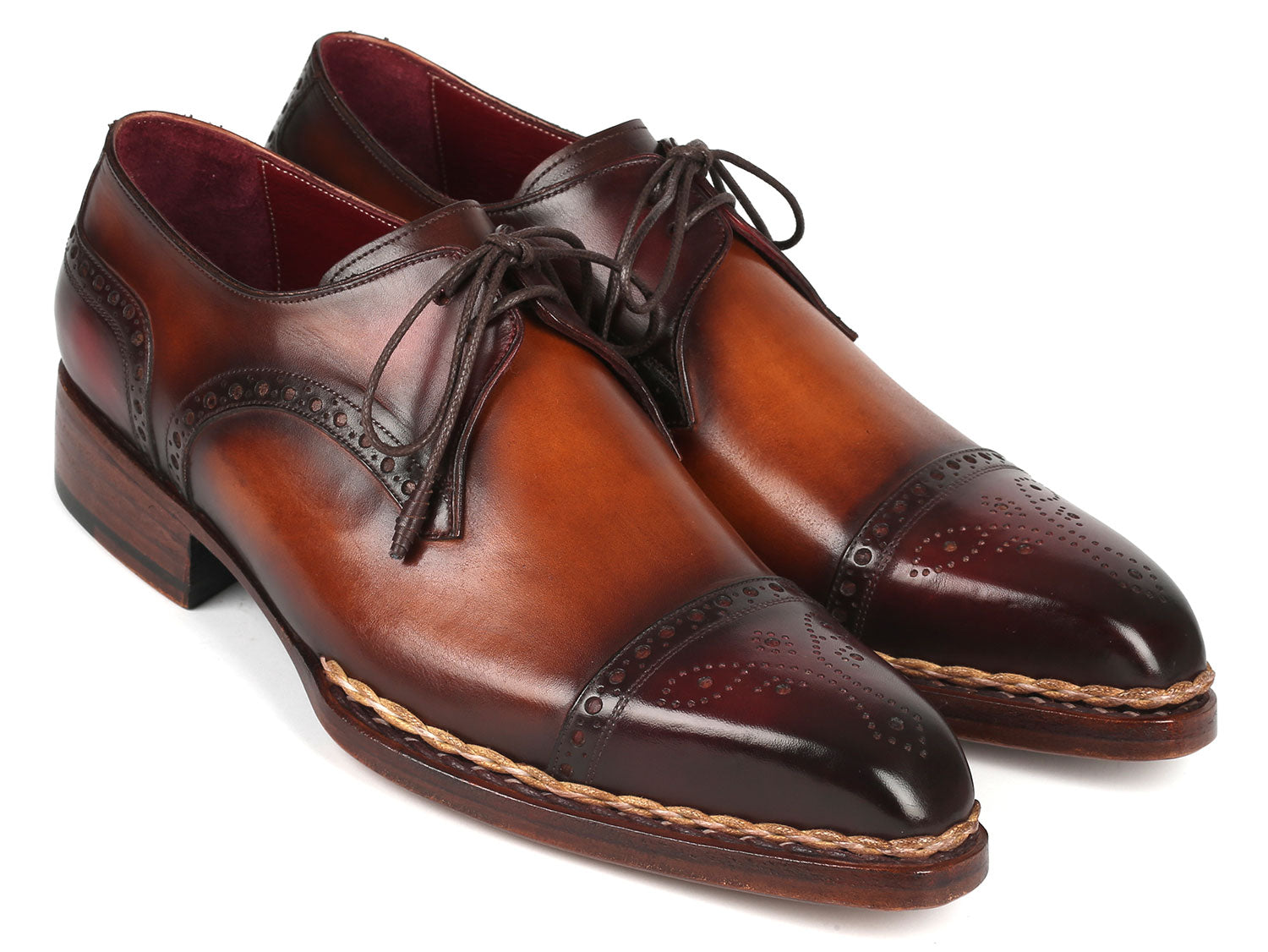 Paul Parkman Norwegian Welted Cap Toe Derby Shoes Bordeaux & Brown (ID#8508-BRW)