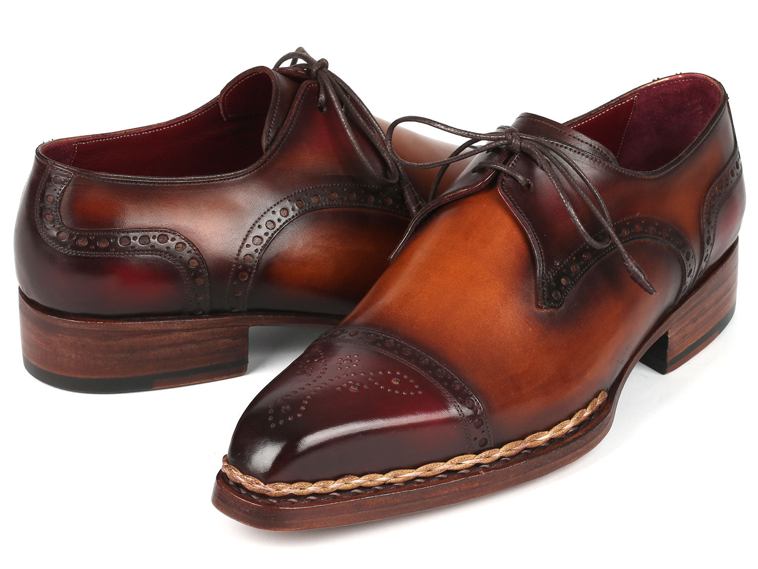 Paul Parkman Norwegian Welted Cap Toe Derby Shoes Bordeaux & Brown (ID#8508-BRW)