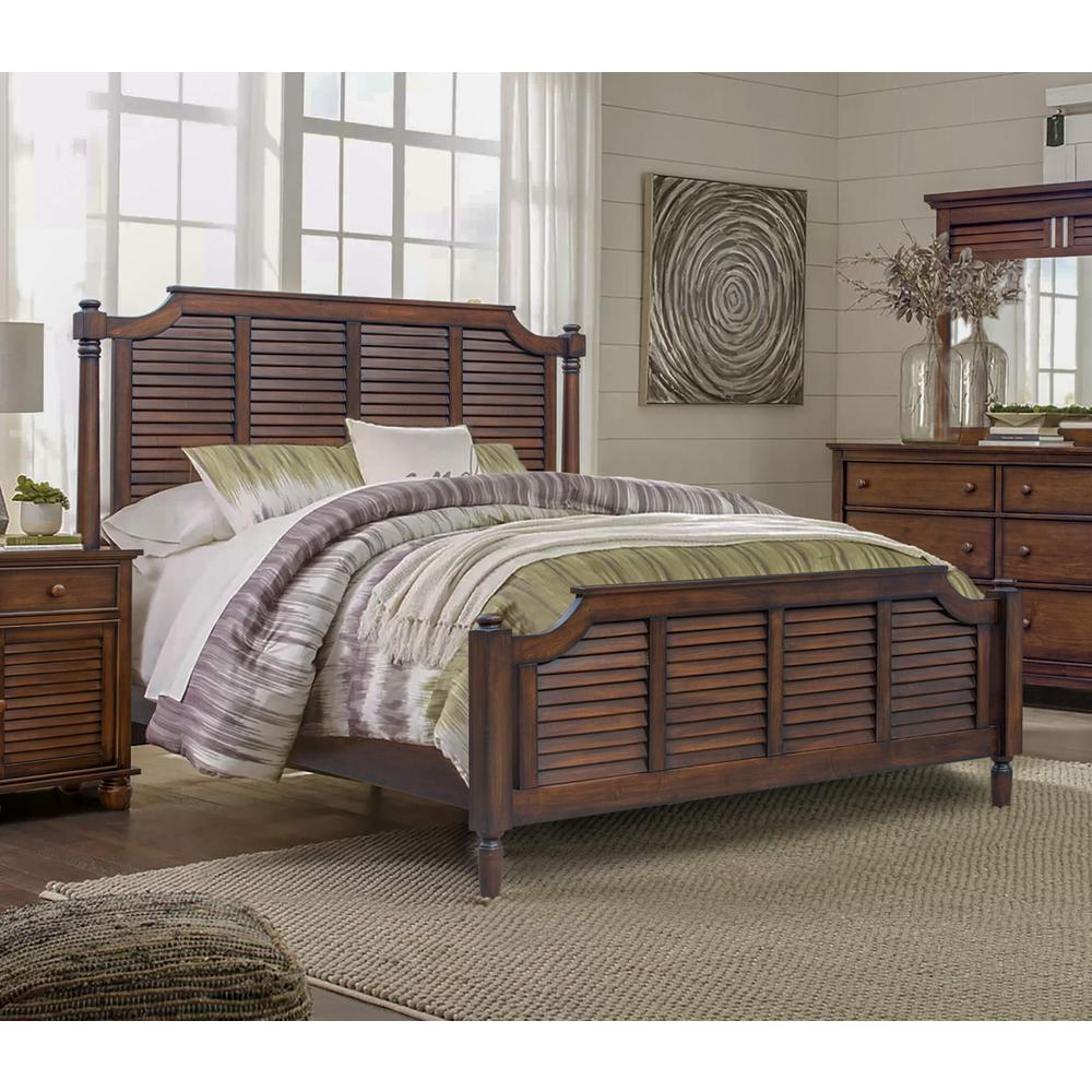 Sunset Trading Bahama Shutter Wood Queen Bed | Tropical Walnut Brown