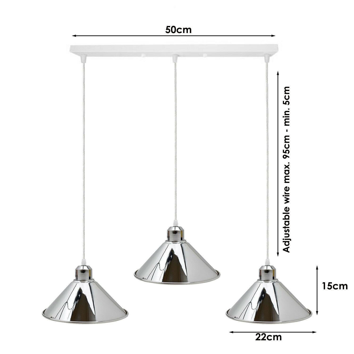 Modern Industrial Chrome 3 Way Ceiling Pendant Light Metal Cone Shape Shade Indoor Hanging Lighting For Bedroom, Dining Room, Living Room~1183